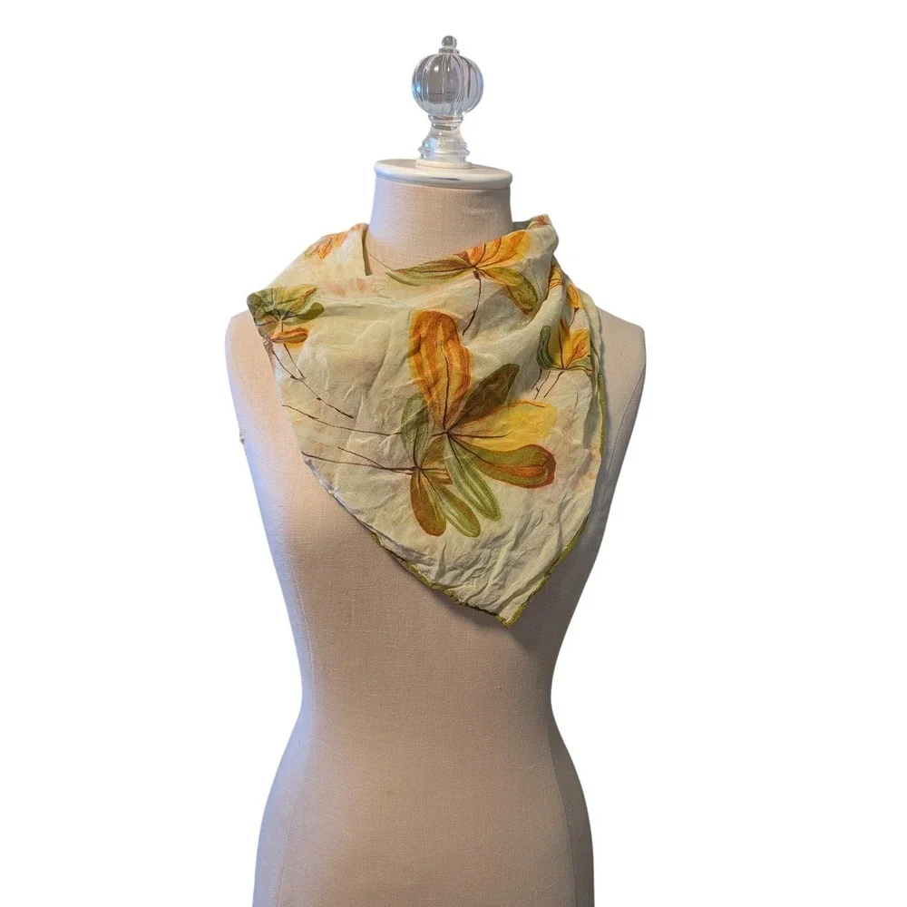 VTG Hand Painted Silk Scarf Botanical‎ Leaf Chartreuse Earth Tone MCM Hand Roll